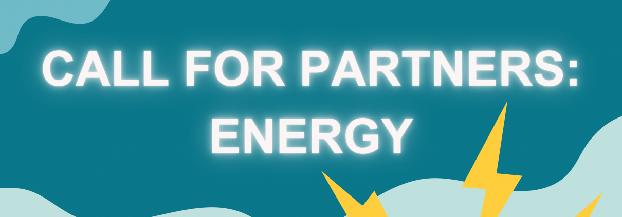 Teal background with white text and yellow lightning bolts, reads: Call for Partners: Emergy