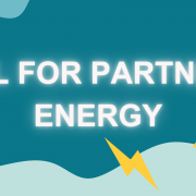 Teal background with white text and yellow lightning bolts, reads: Call for Partners: Emergy