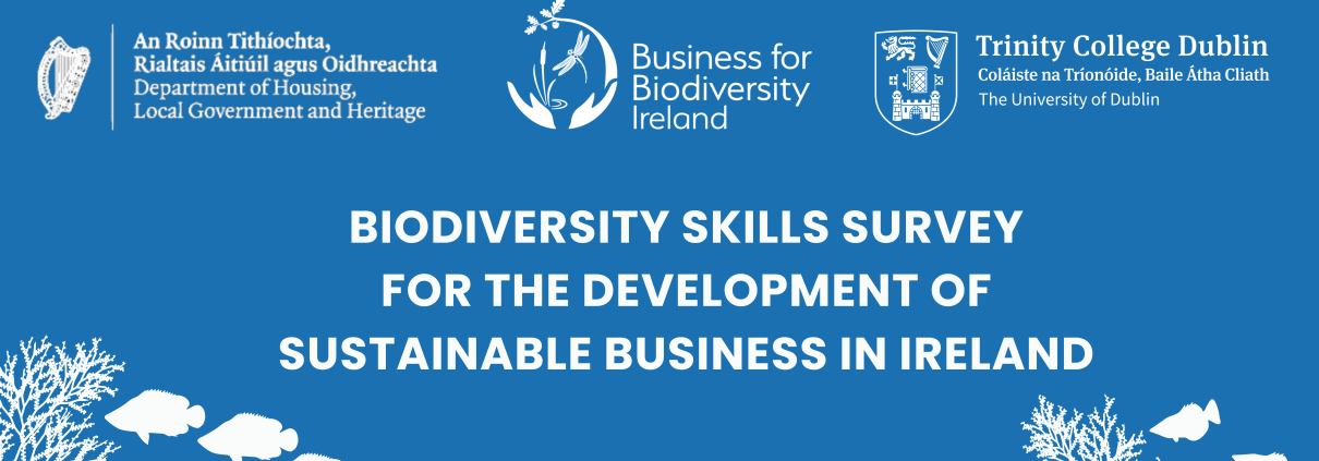 Blue poster with white text and logos, illustrations of fish and seaweed