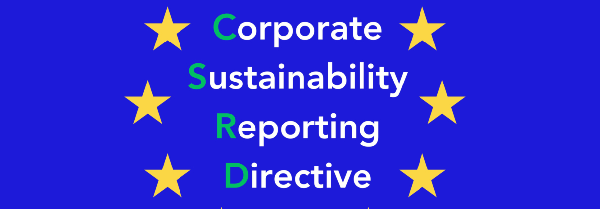 Poster in royal blue with circle of yellow stars around white text with green first letters Çorporate Sustainability Reporting Directive'