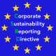 Poster in royal blue with circle of yellow stars around white text with green first letters Çorporate Sustainability Reporting Directive'