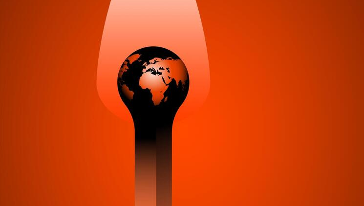 Illustration of a match with a flaming globe at its head on a red background