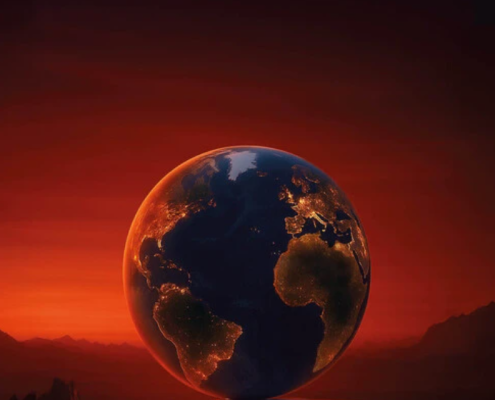 Globe with a dark red background