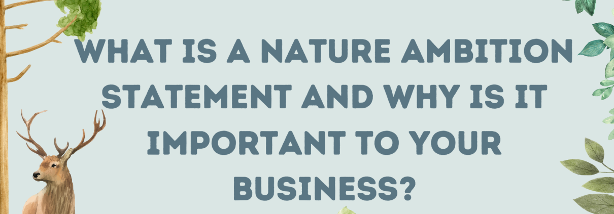 Teal text on pale green background, green leaves and deer illustration