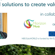 Poster with teal text on white and headshot of smiling woman