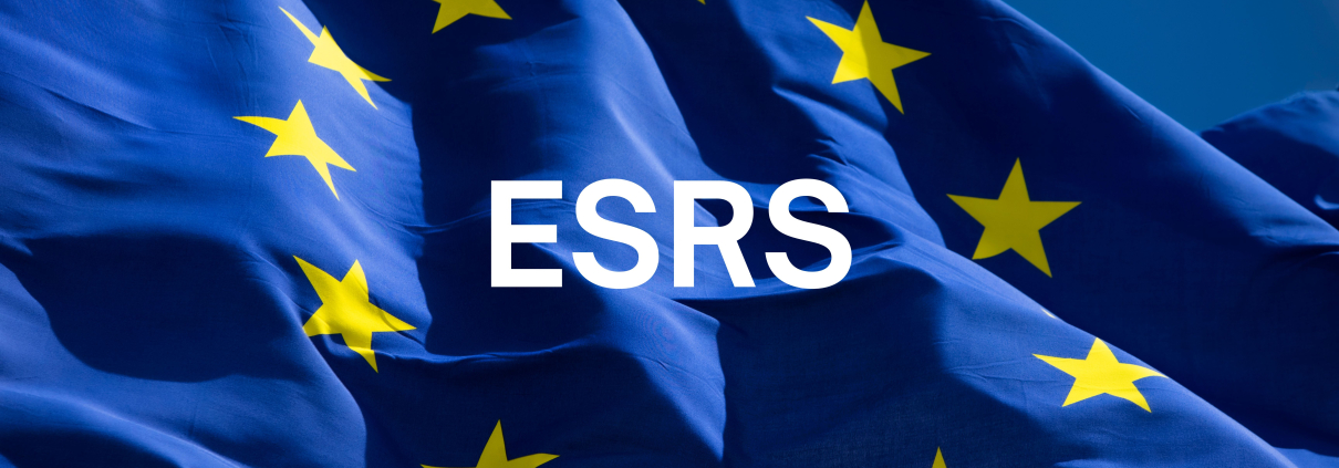 Blue fag with yellow stars in a circle, white text reads: ESRS