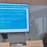 Woman stands in conference room by a blue slide with pale text