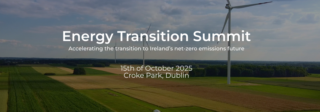 Landscape with windfarm and fields, white text 'Energy Transition Summit'