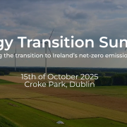 Landscape with windfarm and fields, white text 'Energy Transition Summit'