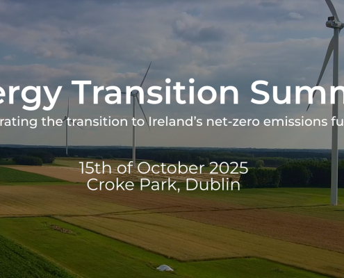 Landscape with windfarm and fields, white text 'Energy Transition Summit'