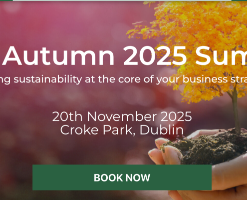 Poster with autumnal trees on a maroon background, white text