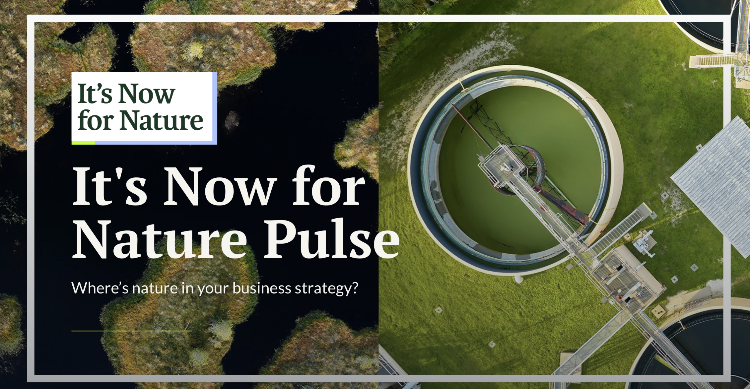 Poster with white text and green aerial views