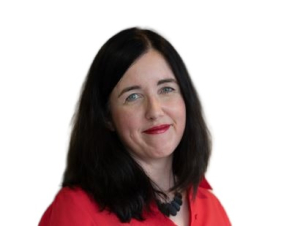 Headshot of smiling darkhaired woman in red